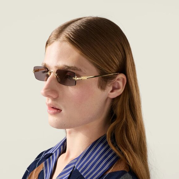 Miu Miu Women Sunglasses Gold Purple Brown Rectangle MUB50S 5AK20I NEW AUTHENTIC
